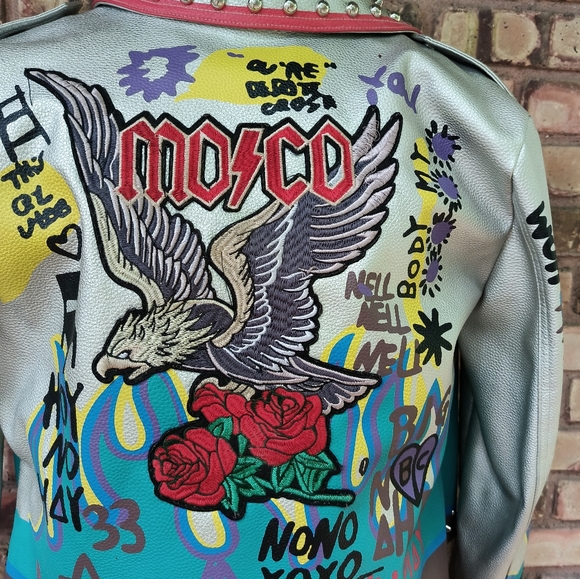 Robert Phillipe Graphic Cropped Jacket Faux Leather Biker Rocker Studded XL - Picture 6 of 13